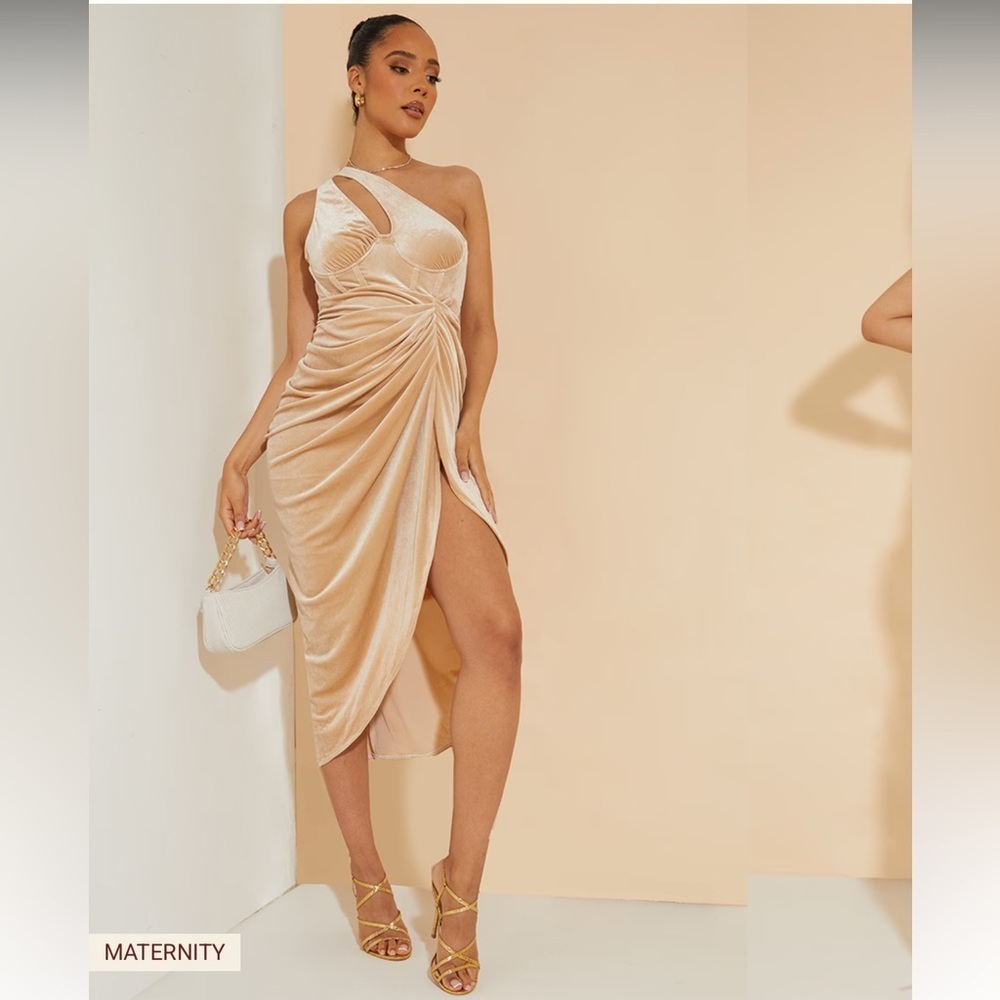 Pretty Little Thing MATERNITY NUDE VELVET ASYMMETRIC BODYCON DRESS in size 6